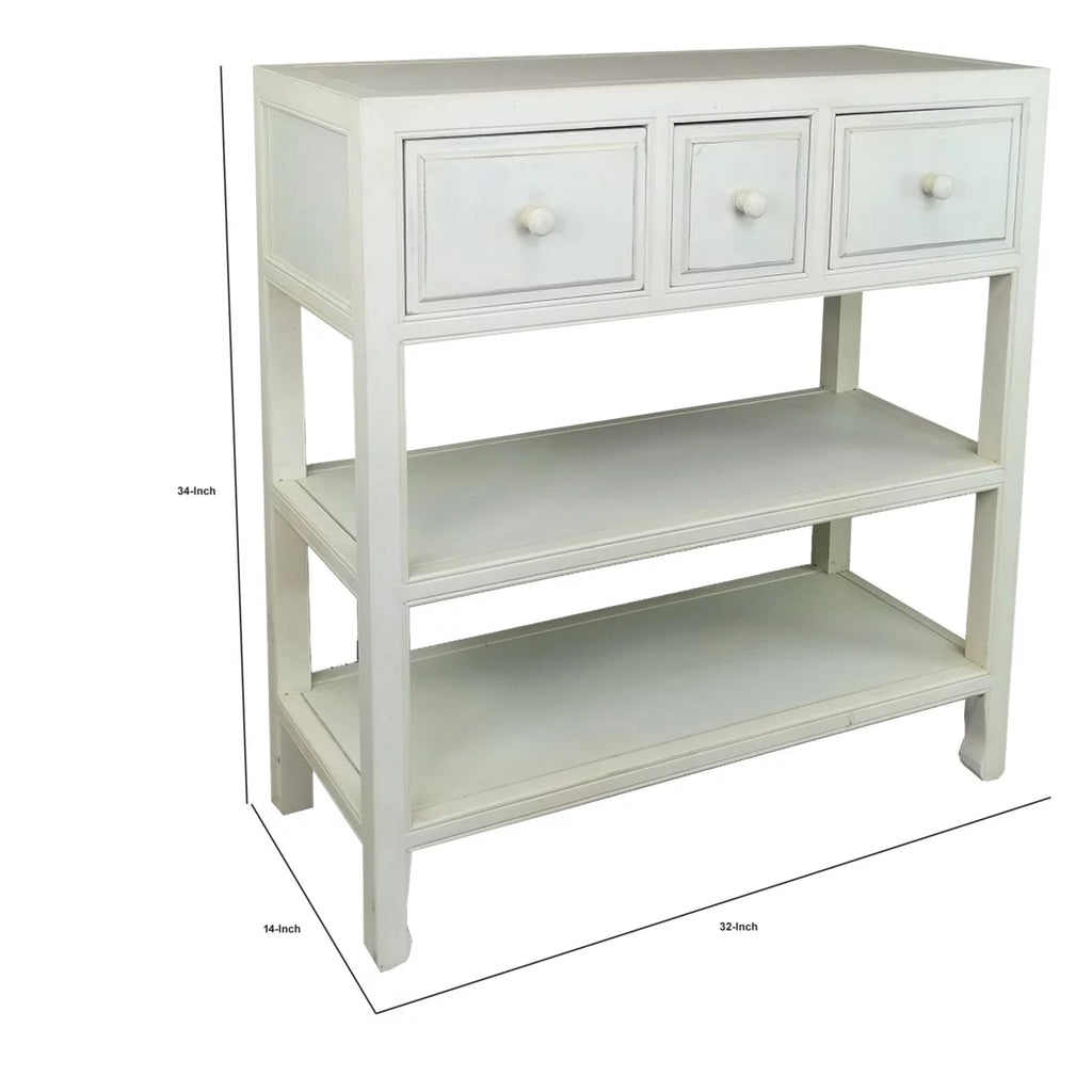 34 Inch White Wood Console Table with 3 Drawers and 2 Shelves I947