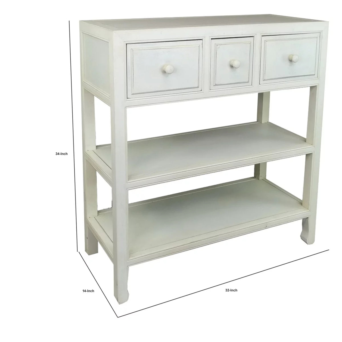 34 Inch White Wood Console Table with 3 Drawers and 2 Shelves I947