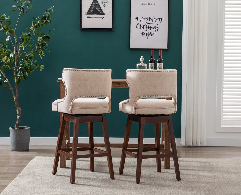 30" Beige Linen Upholstered Swivel Bar Stool Set of 2 with Wooden Legs S427705