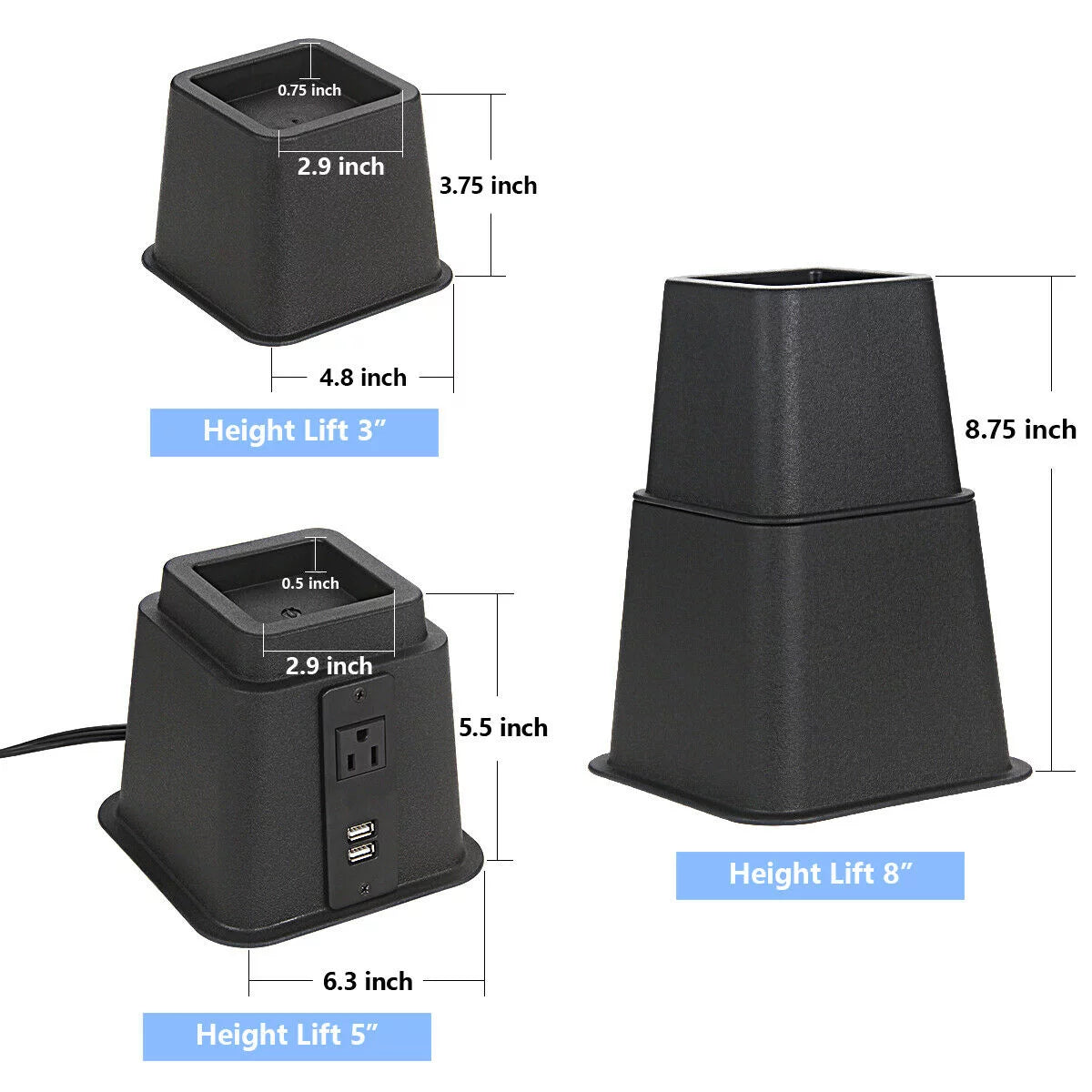 Black Adjustable Bed Riser with Power Outlet and USB Ports Set of 4 P69209