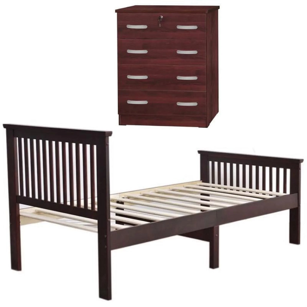 Pine Twin Bed and Dresser with Lock in Mahogany A932451