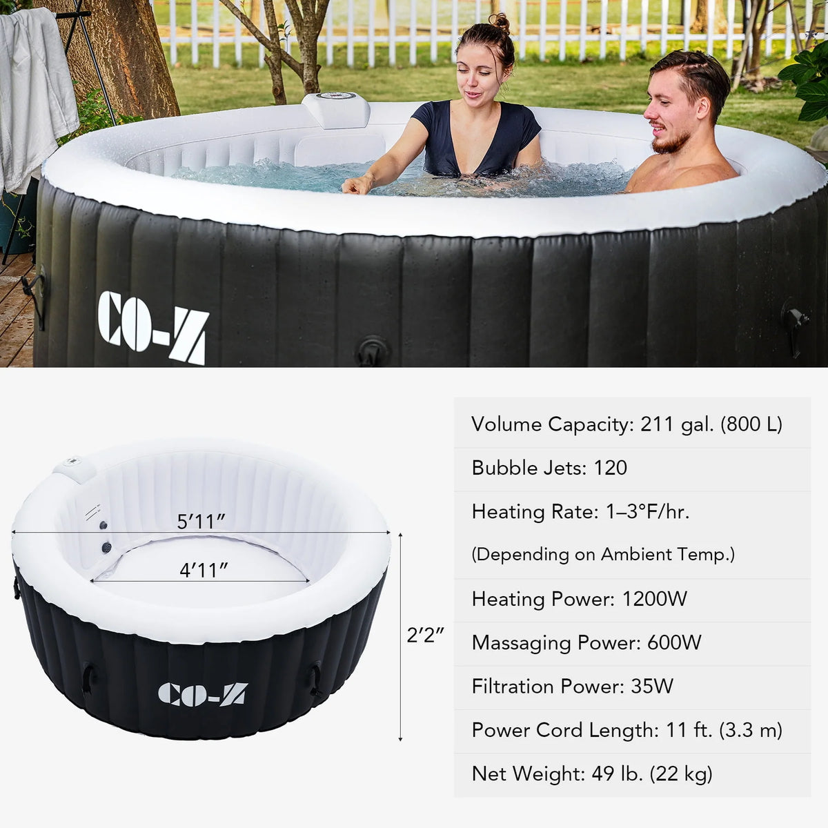 4 Person 6ft Inflatable Hot Tub Pool with Massage Jets H935012