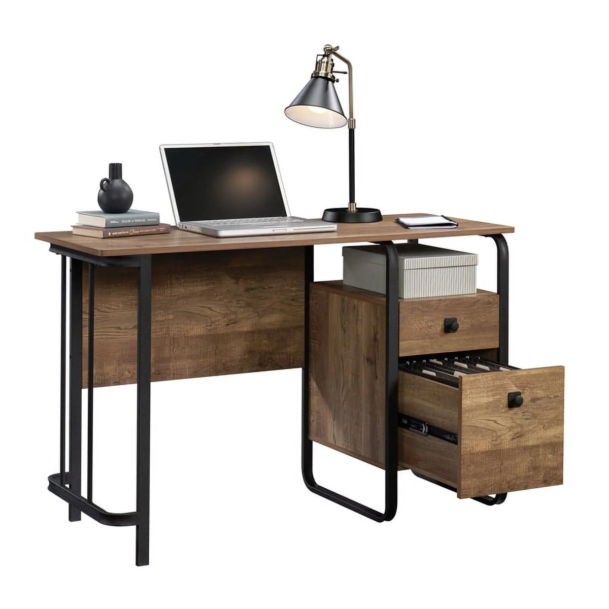 Contemporary Etched Oak Engineered Wood and Metal Desk Q5971