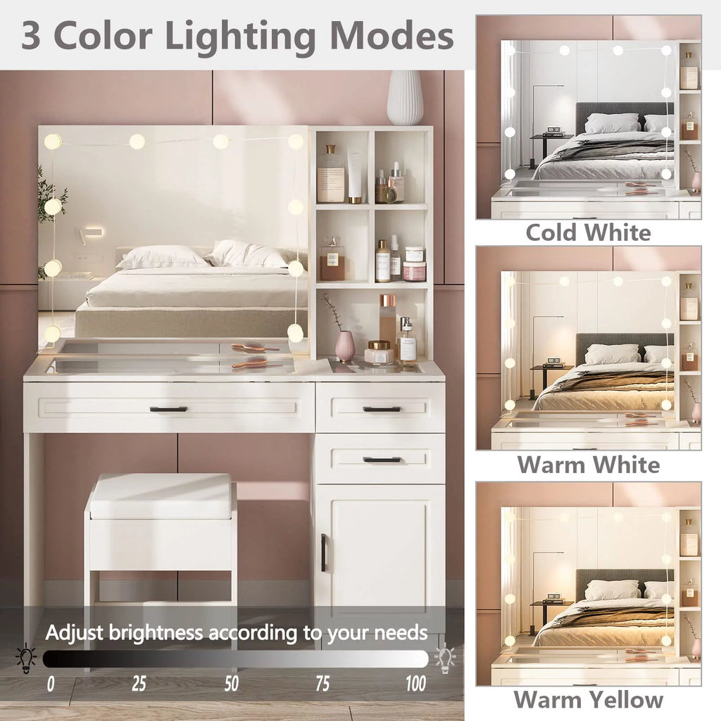 White 45in Vanity Desk Set with Lighted Mirror and Glass Desktop J50038