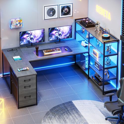 L Shaped Desk with Storage Shelves and 3 Fabric Drawers N963