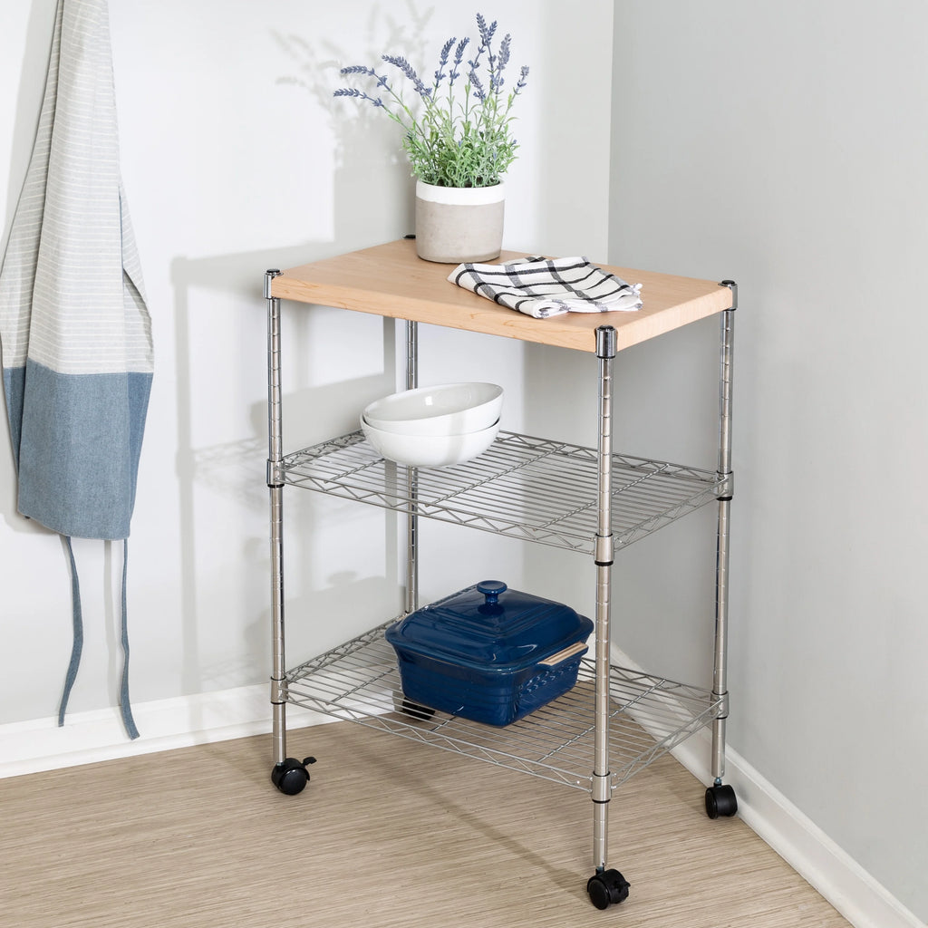 3-Tier Wood and Steel Rolling Kitchen Storage Cart Y86570