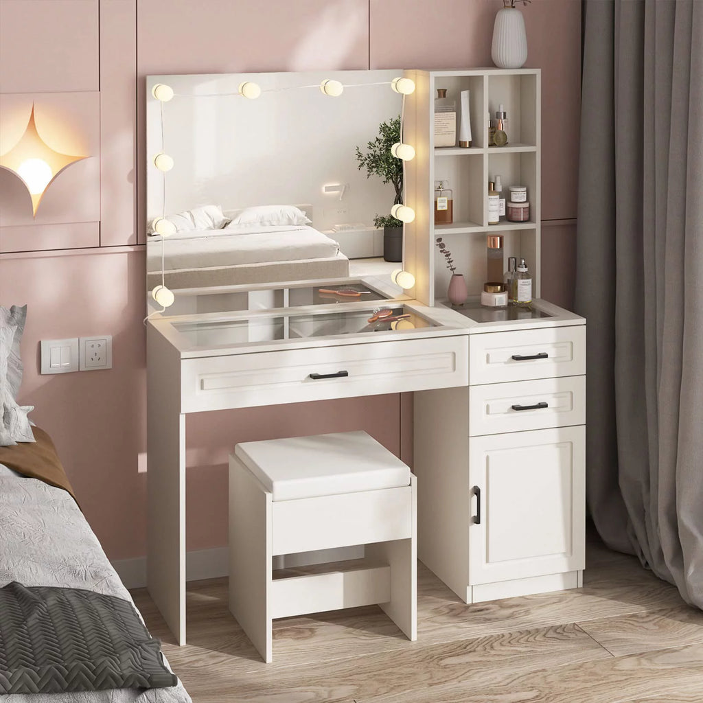 White 45in Vanity Desk Set with Lighted Mirror and Glass Desktop J50038