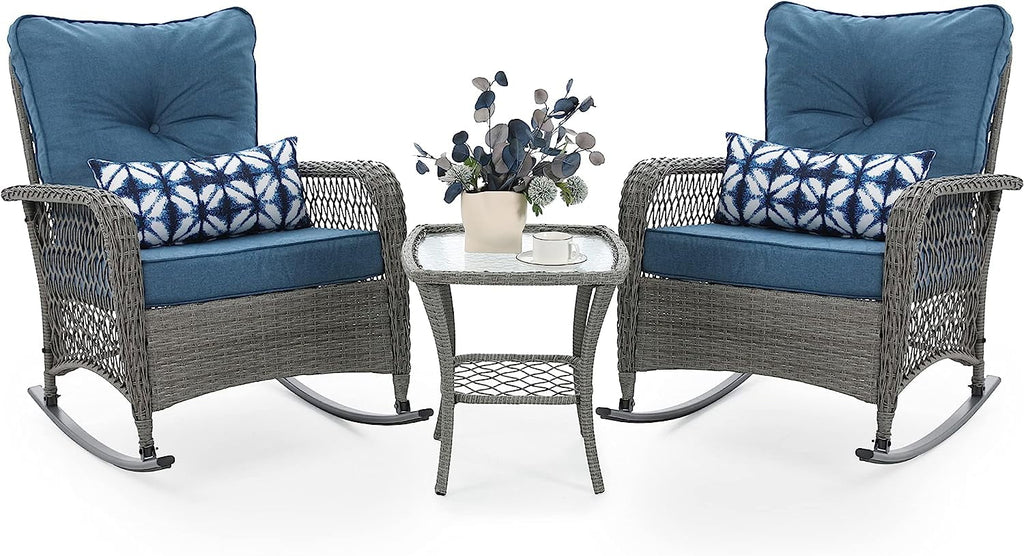 3-Piece Wicker Outdoor Rocking Chairs with Cushions and Table U886