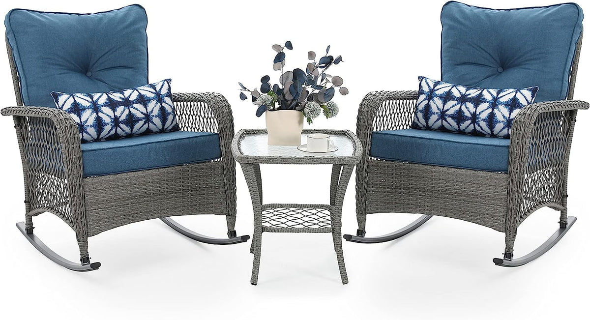 3-Piece Wicker Outdoor Rocking Chairs with Cushions and Table U886
