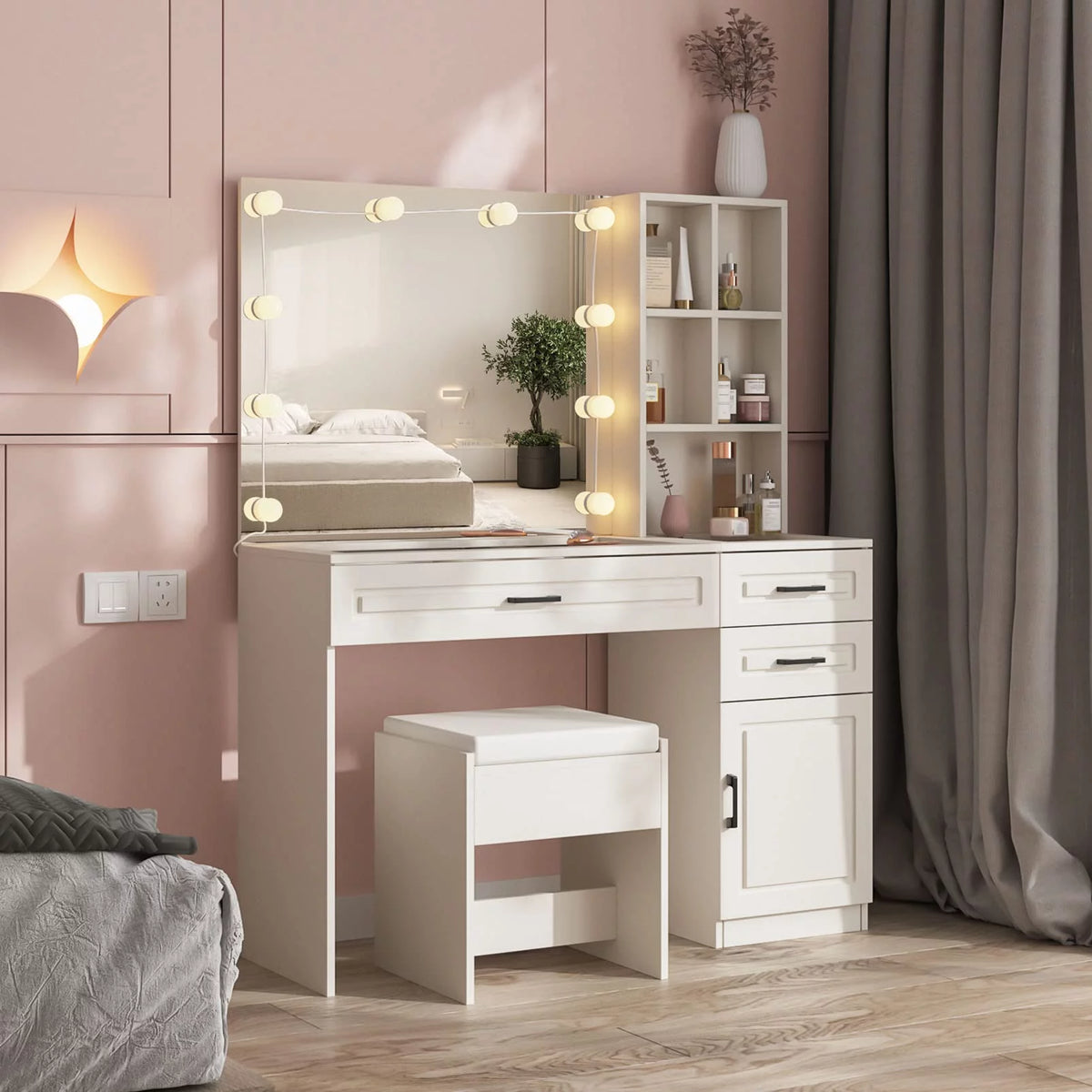 White 45in Vanity Desk Set with Lighted Mirror and Glass Desktop J50038