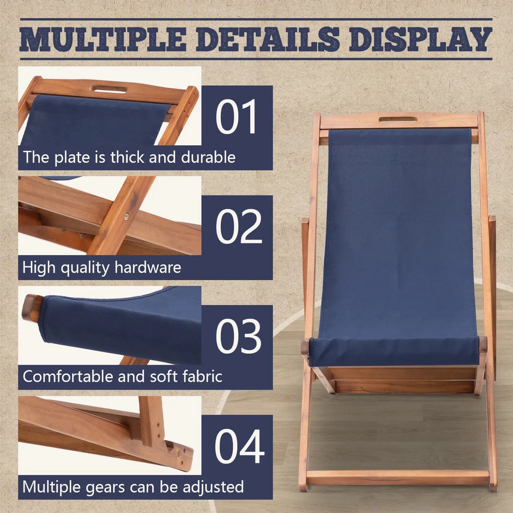 Beach Chair 2 Set Folding Reclining Chair with Solid Wood Frame Blue W12913