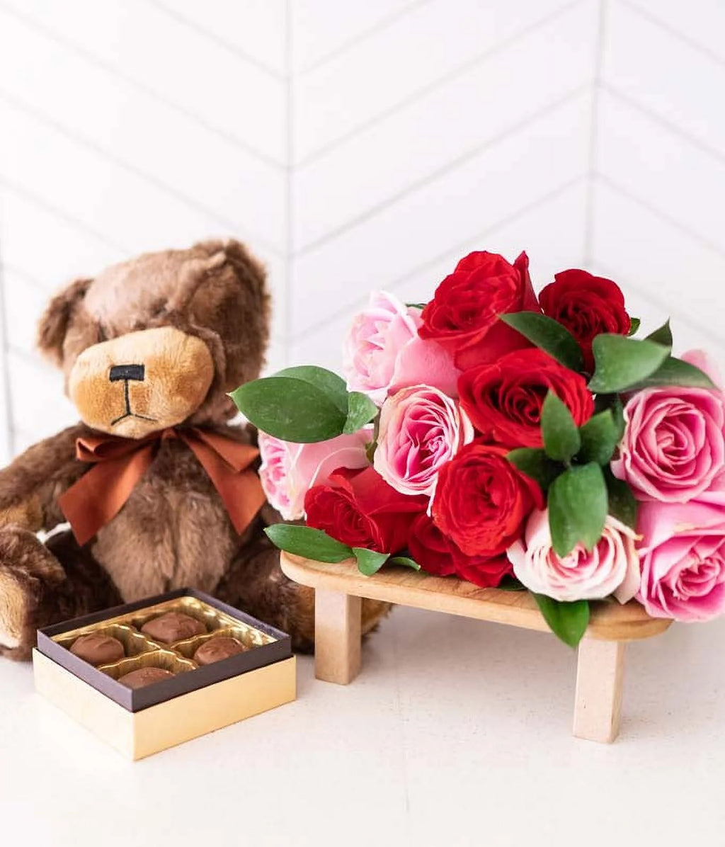 One Dozen Red & Pink Roses with Clear Glass Vase, Chocolates & Teddy Bear R939936