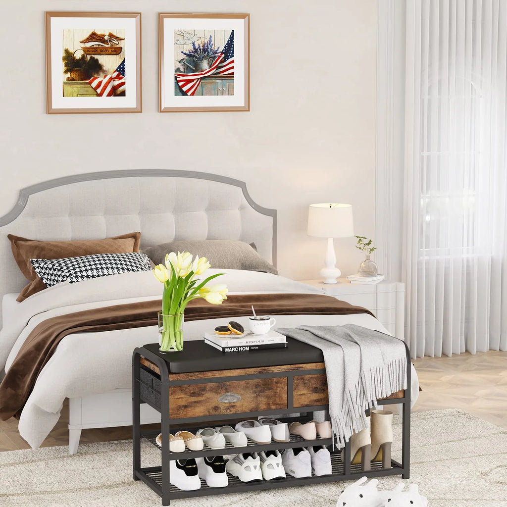 3 Tier Shoe Storage Bench with Padded Seating & Drawers C448640