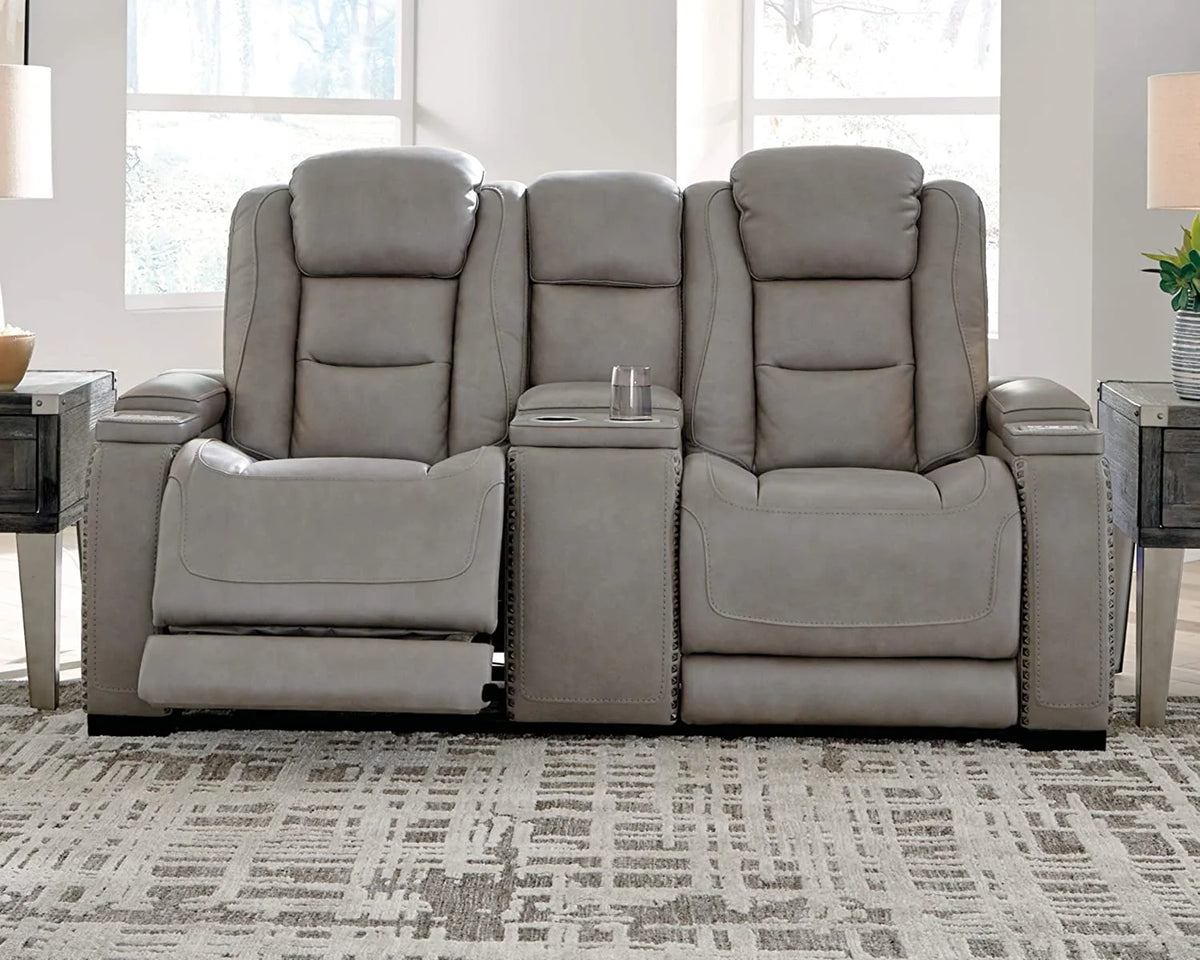Gray Leather Power Reclining Loveseat F9547