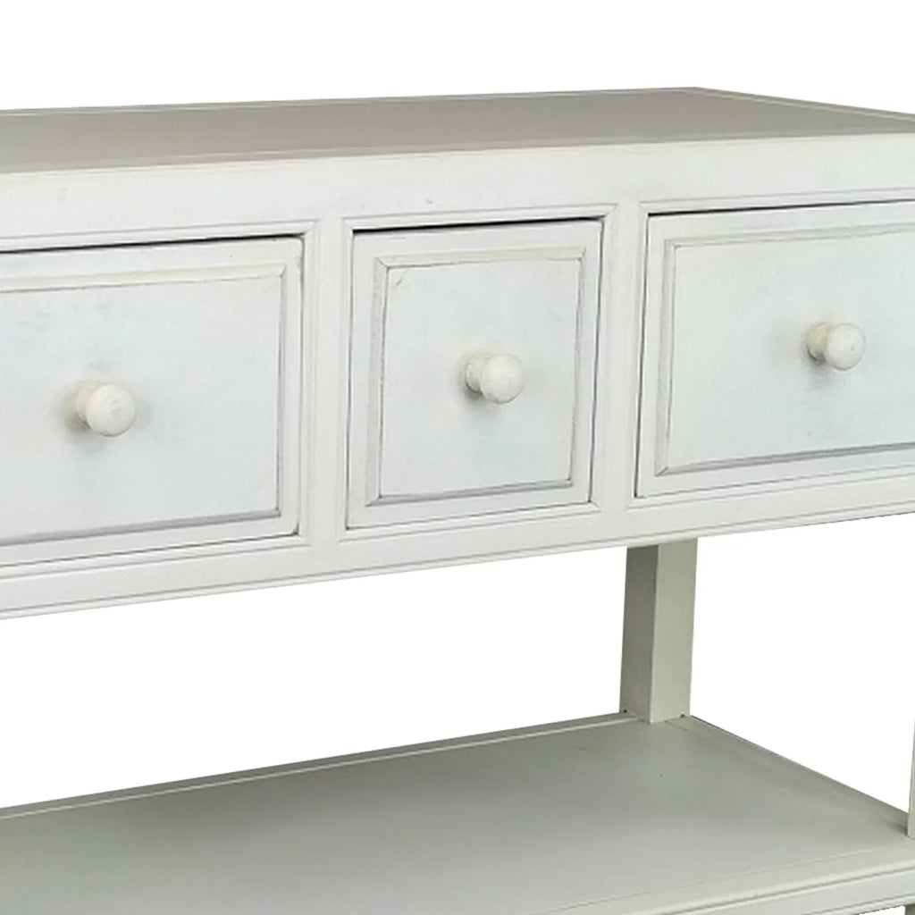 34 Inch White Wood Console Table with 3 Drawers and 2 Shelves I947