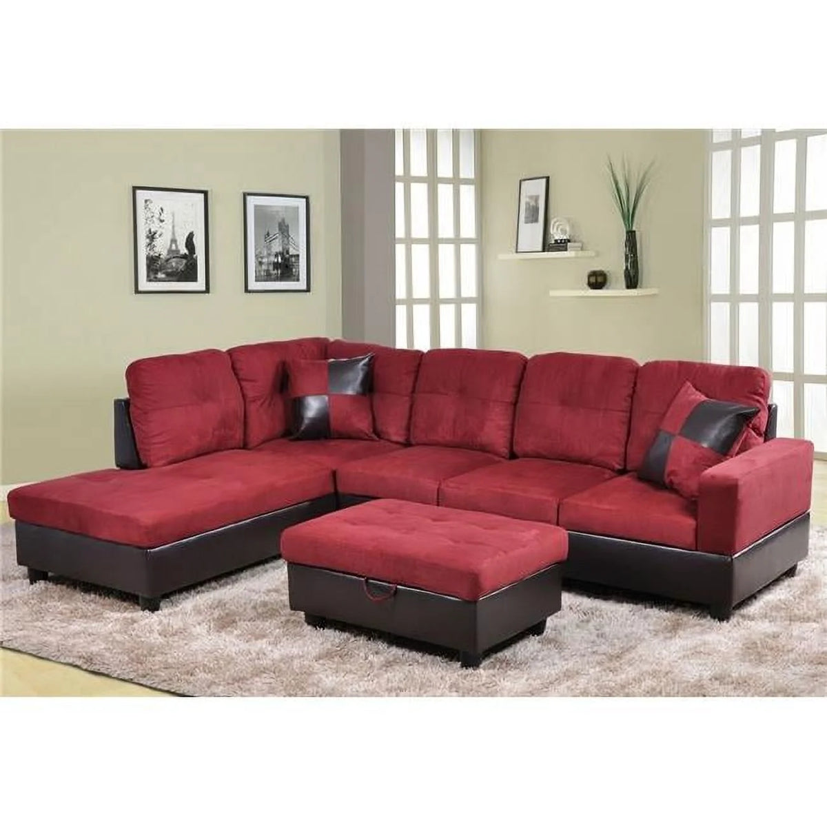 Red 3 Piece Microfiber Faux Leather Sofa Set E843
