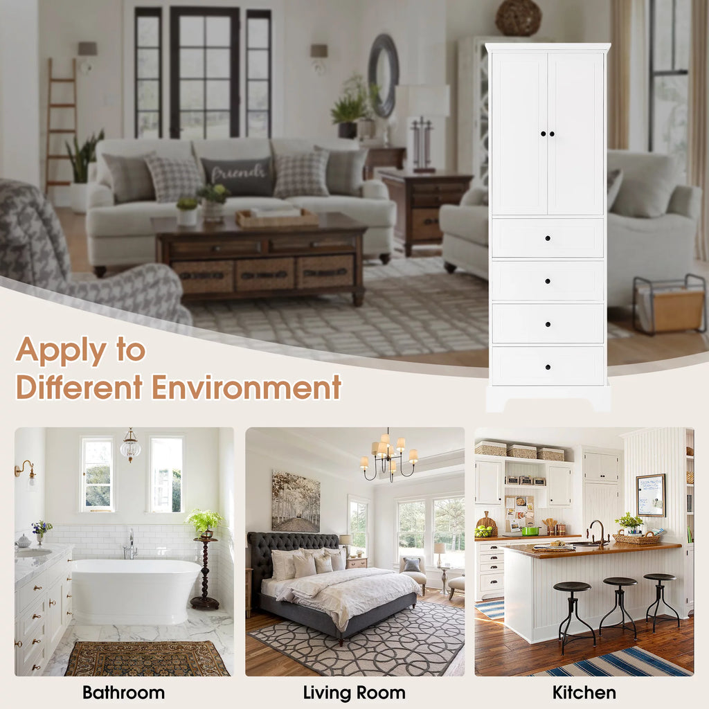 White Wooden Storage Cabinet with Adjustable Shelves and Drawers I46220