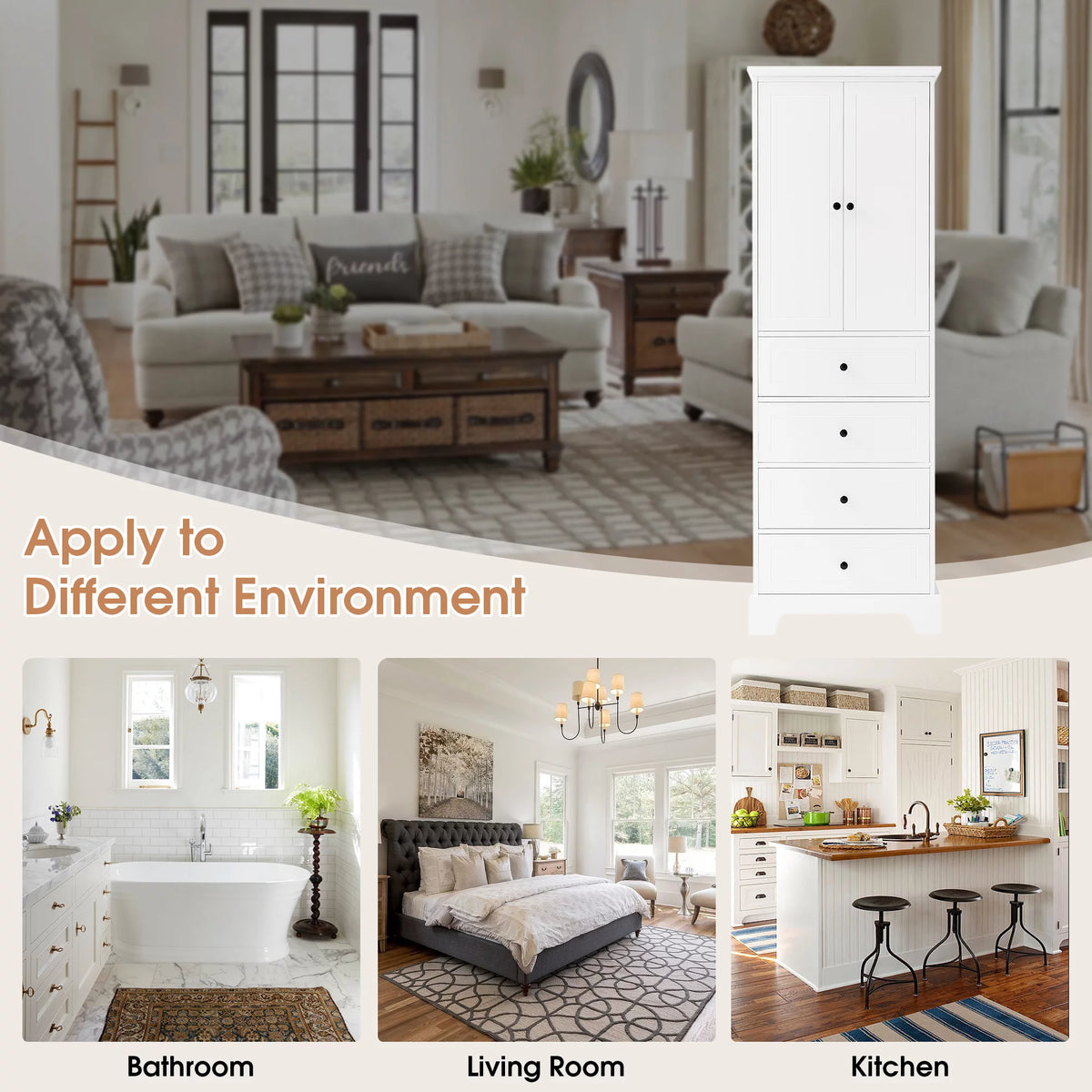 White Wooden Storage Cabinet with Adjustable Shelves and Drawers I46220