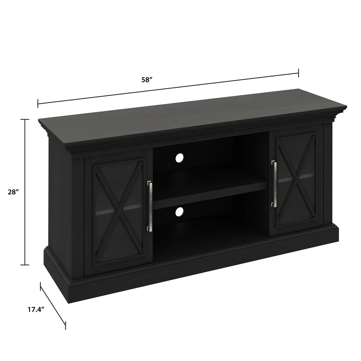 Black TV Stand with Two Side Cabinets and Open Shelves X628