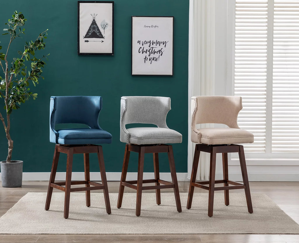 30" Beige Linen Upholstered Swivel Bar Stool Set of 2 with Wooden Legs S427705