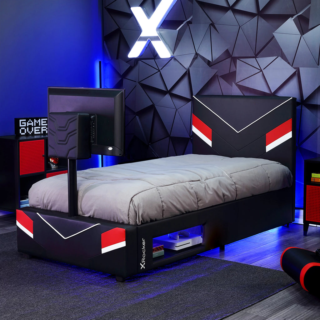 Black Red Twin Gaming Bed Frame with TV Mount U878677