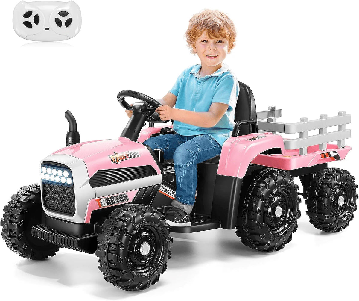 Kids Ride on Tractor with Trailer, 12 V Battery Powered, Pink U331