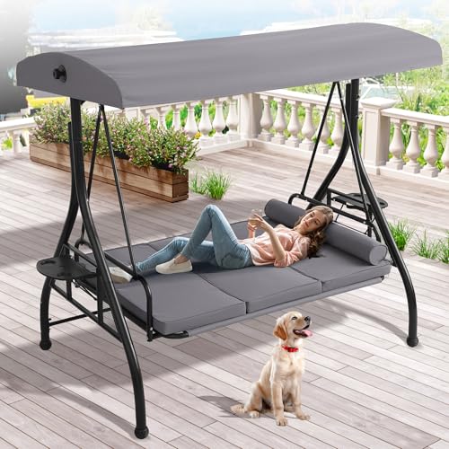 3 Person Outdoor Porch Swing with Canopy and Stand Q107