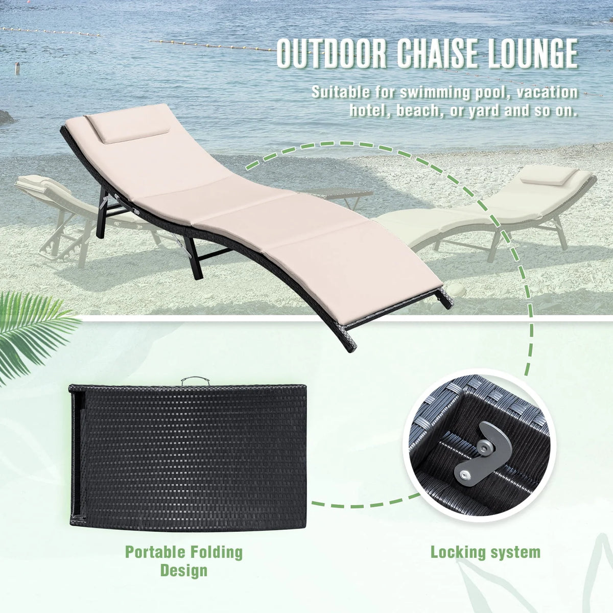 3 Pieces PE Rattan Folding Patio Chaise Chair Set with Table Z610550