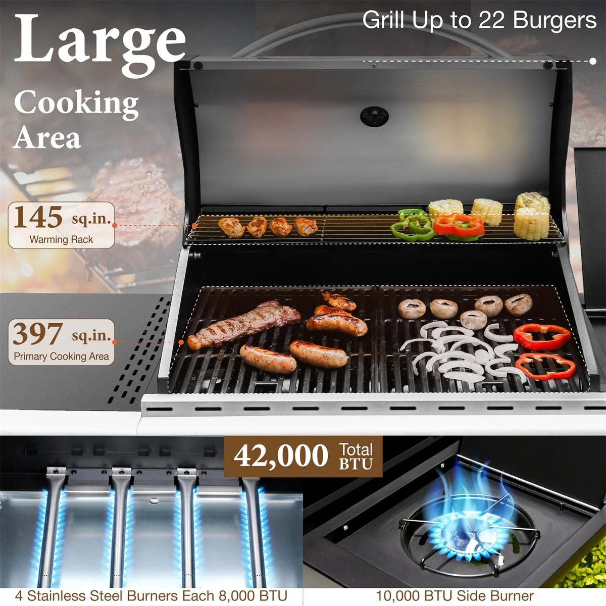 4 Burner Propane Gas Grill with Side Burner Stainless Steel W957294