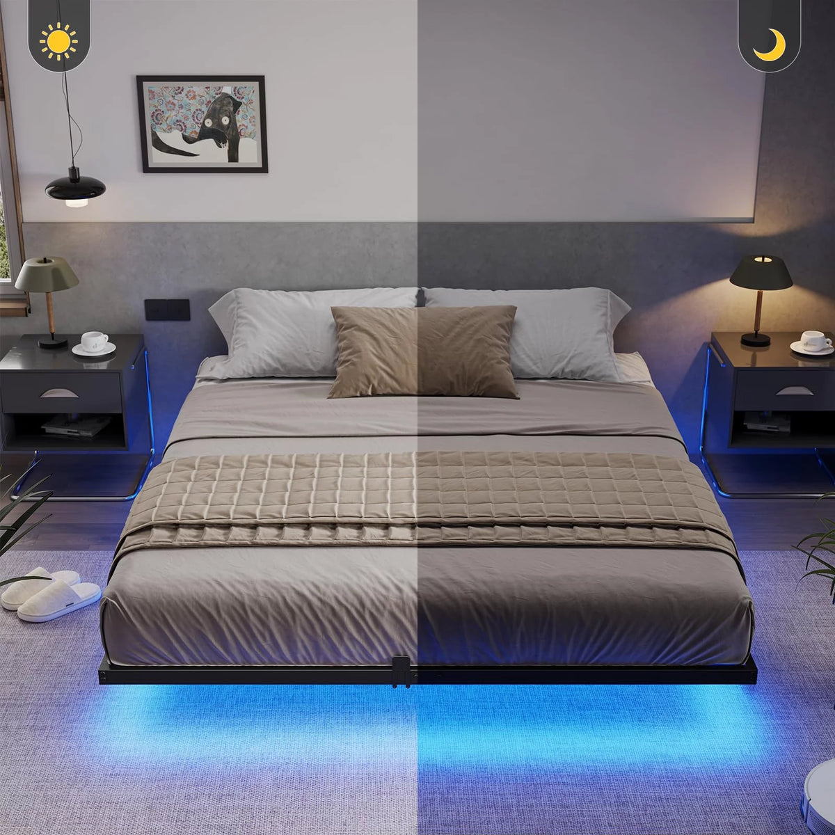 Queen Size Black Metal Platform Bed Frame with LED Lights Q4750