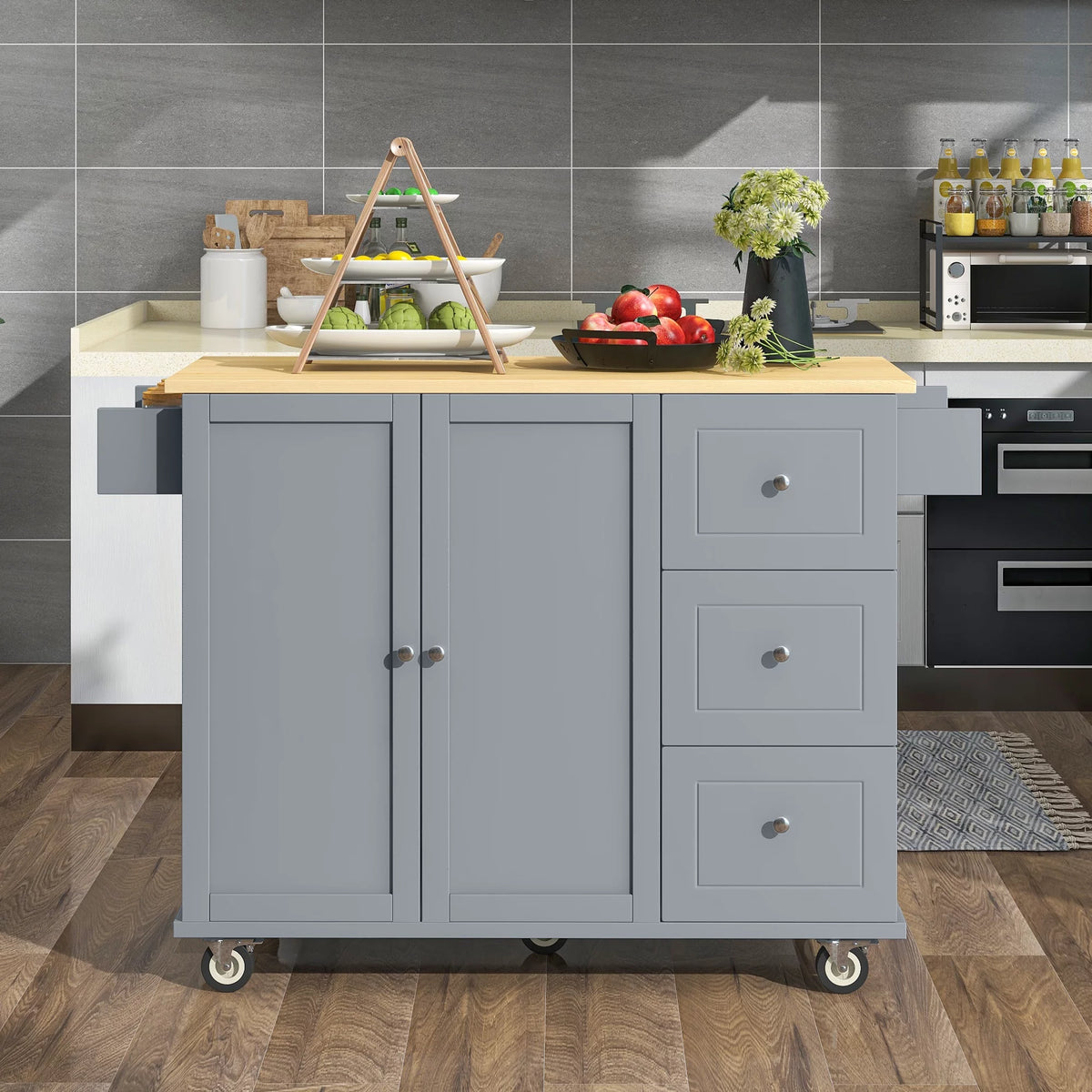Rolling Mobile Kitchen Island with Storage Cabinet and Drop Breakfast Bar C393