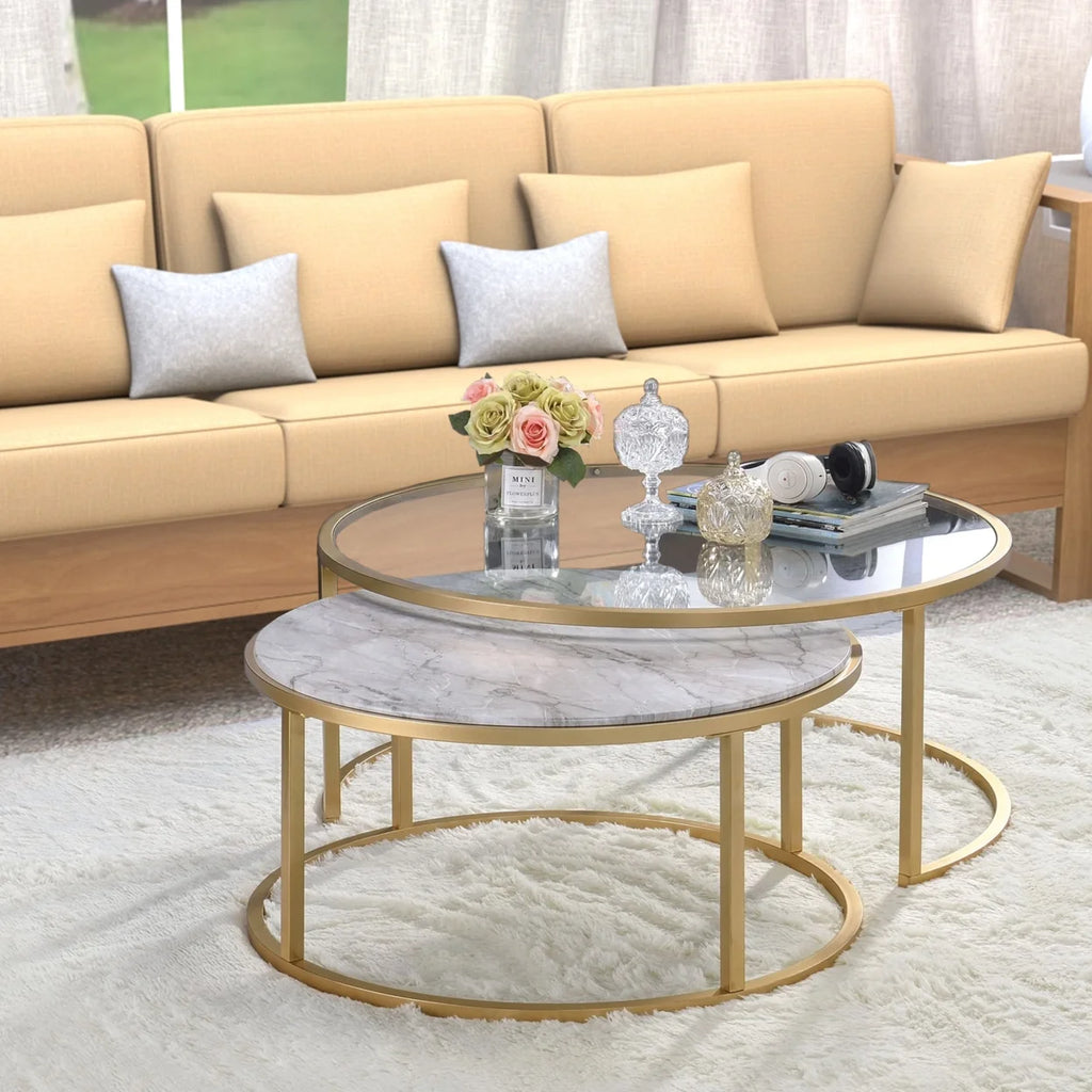 Metal Framed Nesting Coffee Tables with Glass and Marble Tops Set of Two Gold P406