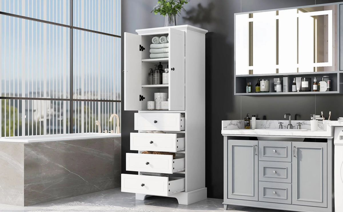 White Wooden Storage Cabinet with Adjustable Shelves and Drawers I46220