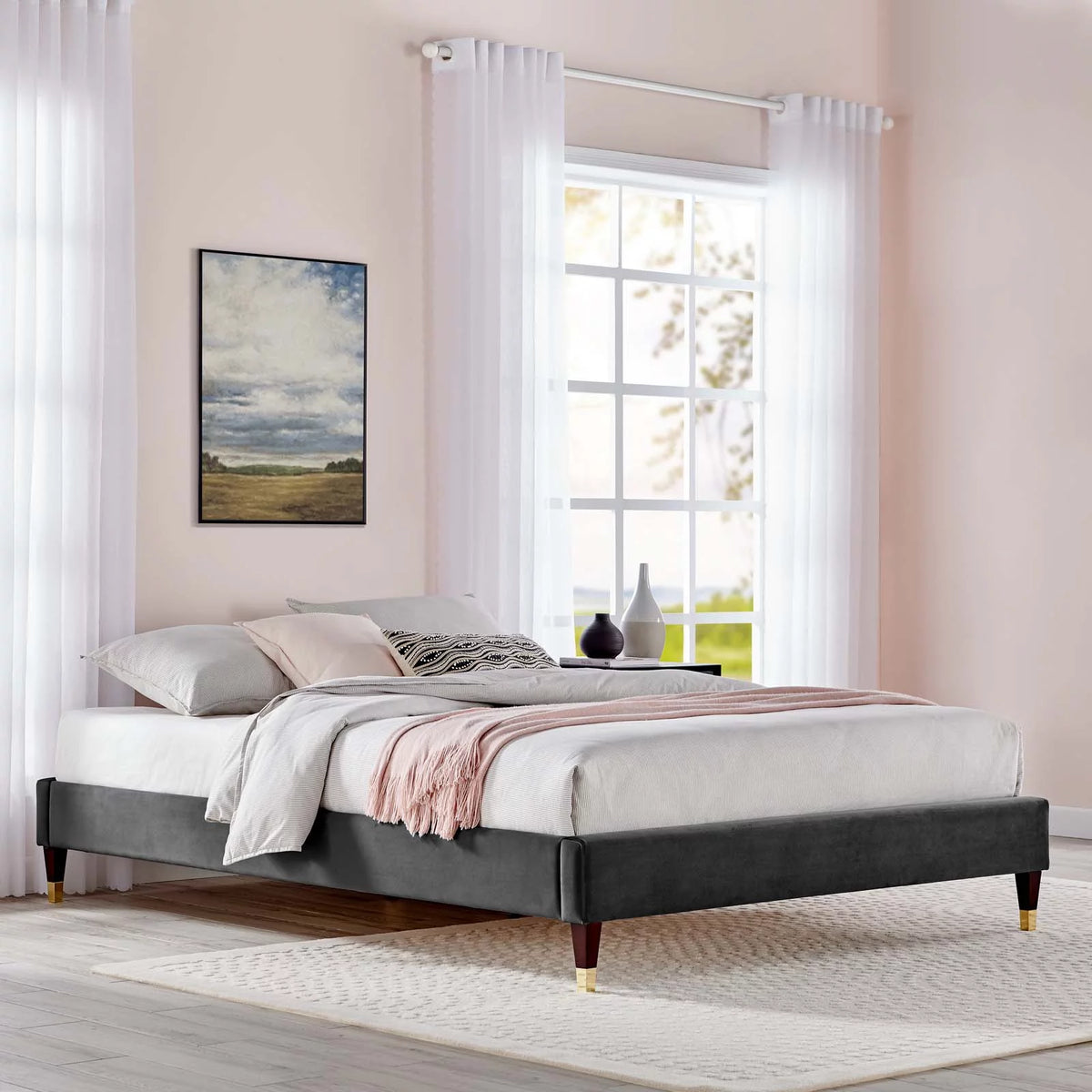 Queen Performance Velvet Platform Bed Frame in Charcoal N194