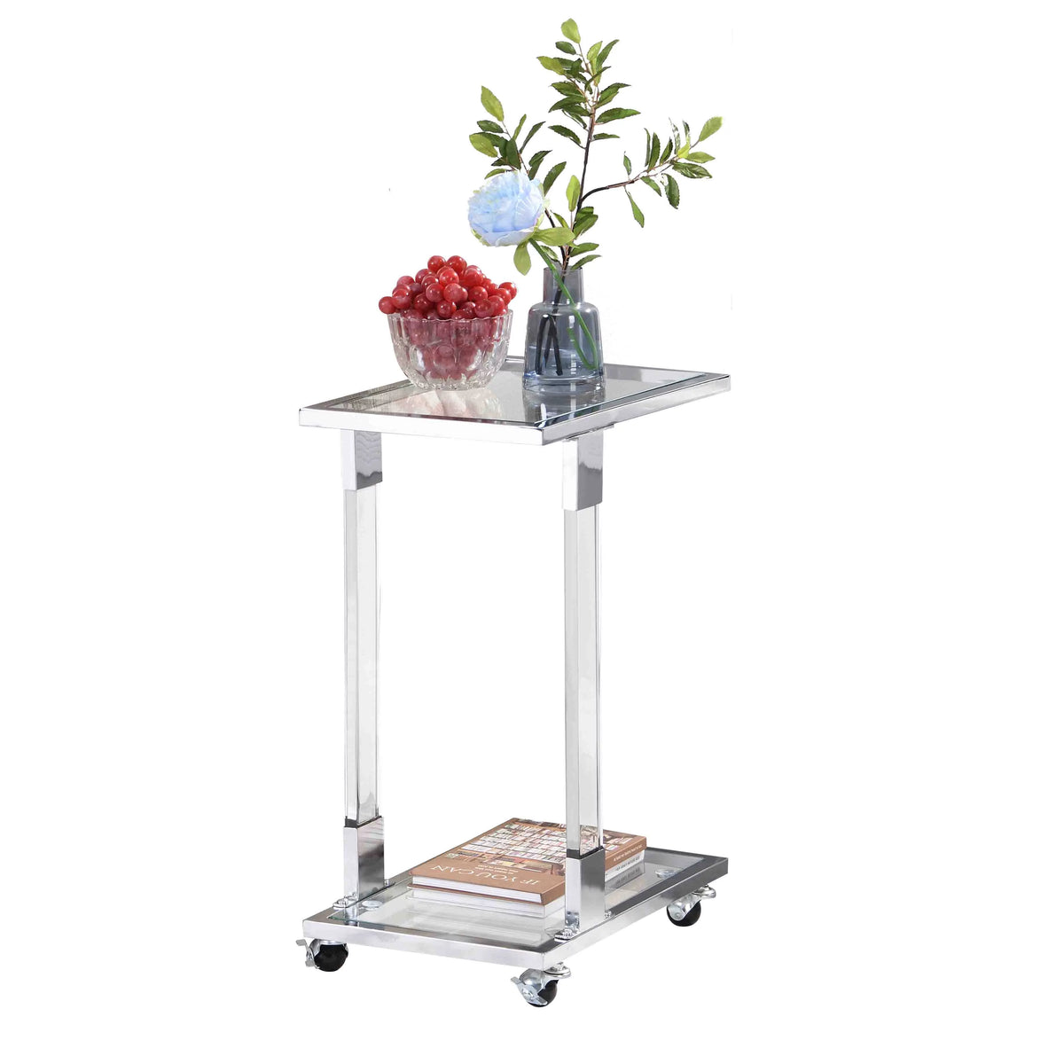 Chrome Glass C Shape Square Side Table with Metal Base E424
