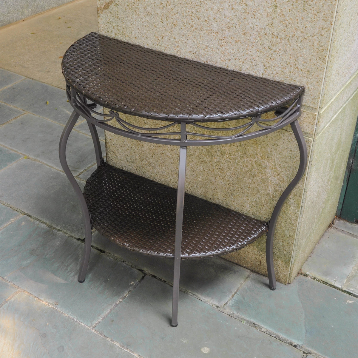 Chocolate Resin Wicker Steel Two Tier Half Moon Wall Table F552504