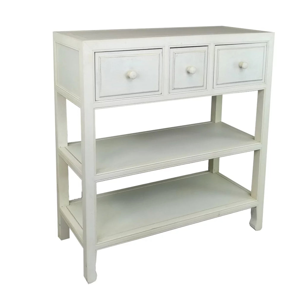 34 Inch White Wood Console Table with 3 Drawers and 2 Shelves I947