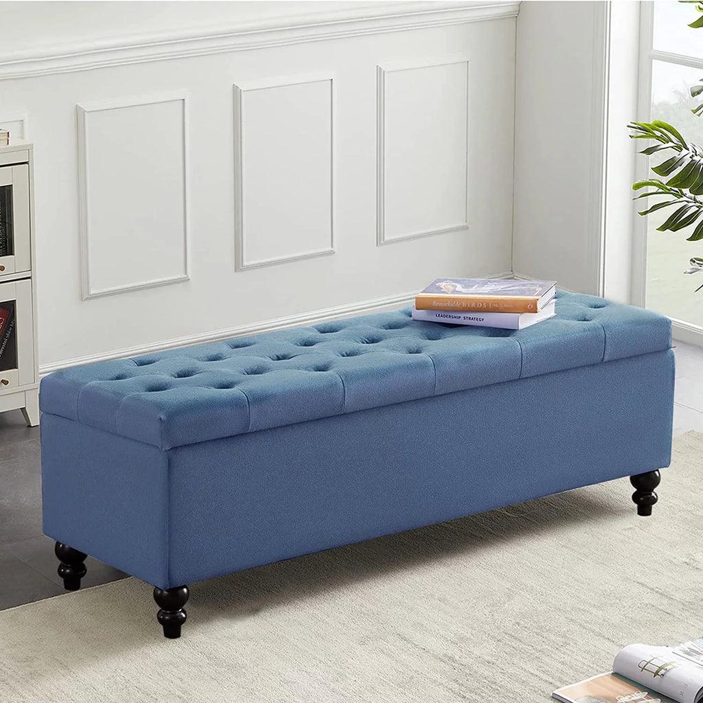 50.2" Blue Upholstered Storage Ottoman with Safety Hinge D3707