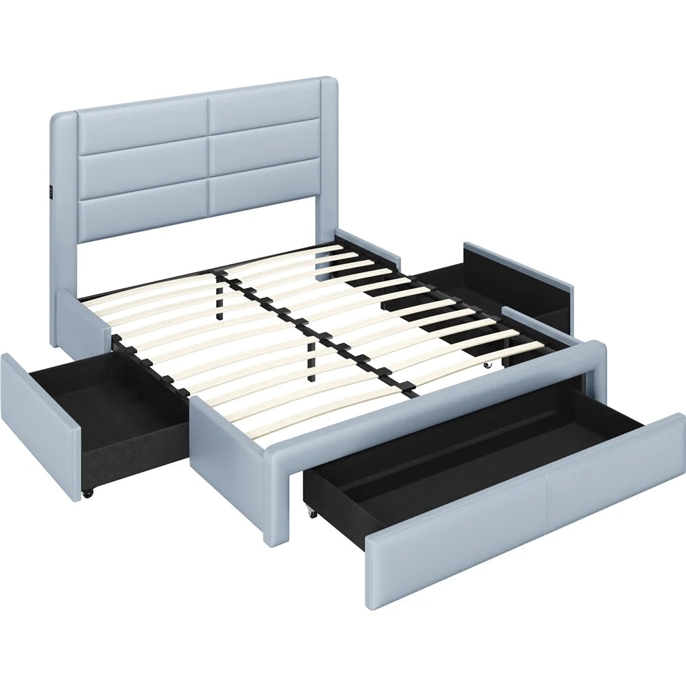 Upholstered Queen Bed with 3 Storage Drawers and USB Ports K196
