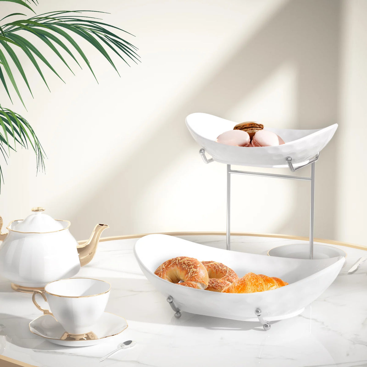 2 Tier Ceramic Fruit Bowl with Metal Rack I2368