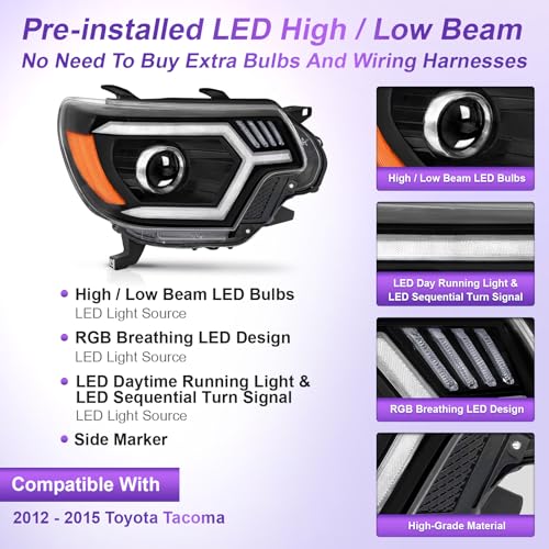 LED Headlight Assembly with Sequential Turn Signal Black Housing Amber Reflector W560039