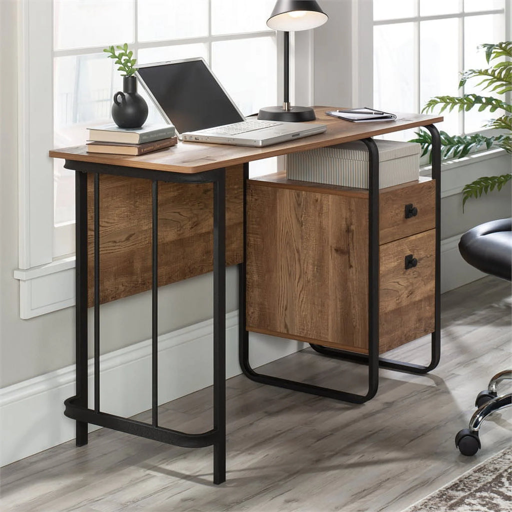 Contemporary Etched Oak Engineered Wood and Metal Desk Q5971