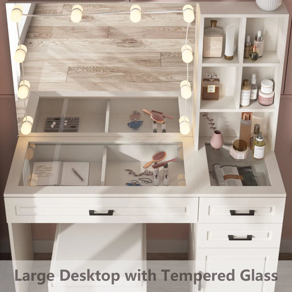 White 45in Vanity Desk Set with Lighted Mirror and Glass Desktop J50038