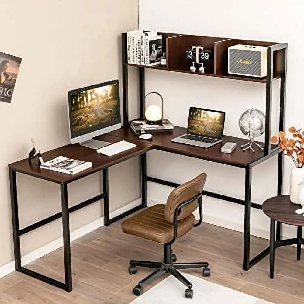 Reversible L-Shaped Corner Computer Desk with Hutch P912511