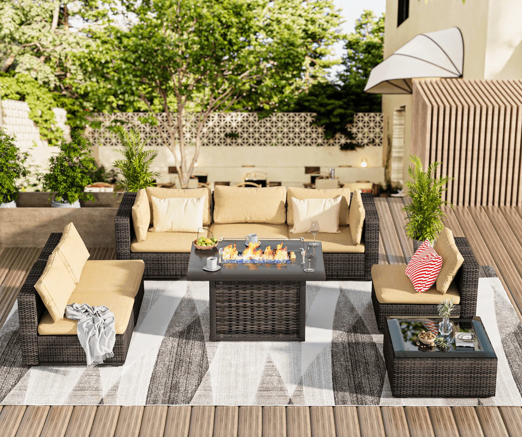 8 Pieces All Weather Wicker Sectional Sofa Set with Black-Glass Table R471