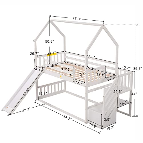 White Twin Over Twin Bunk Bed with Slide and Storage Staircase L622734