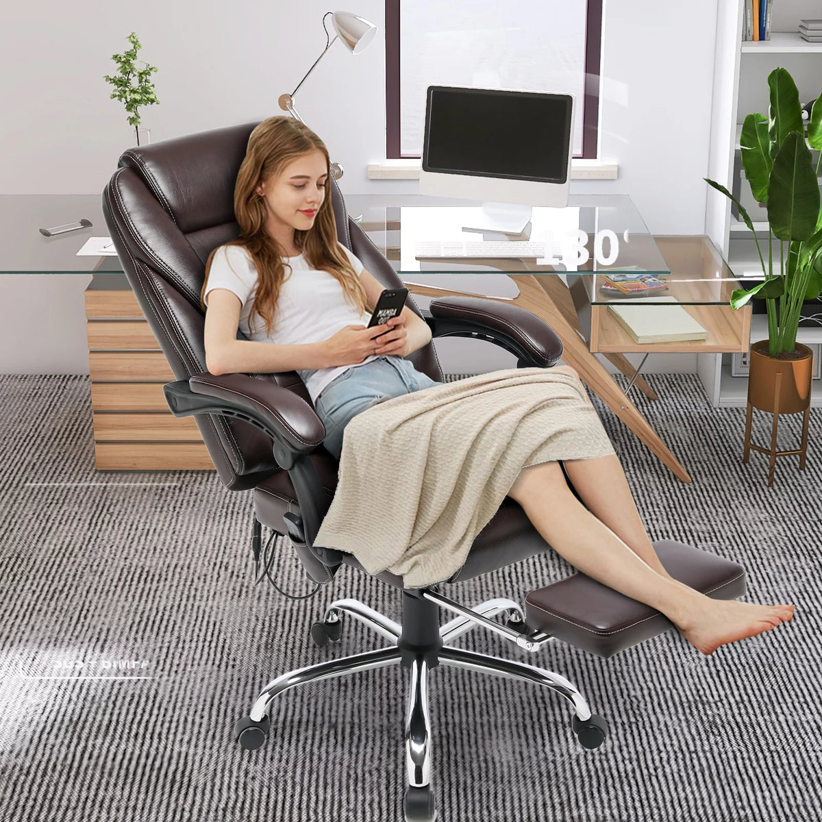 Brown PU Leather Ergonomic High Back Office Chair with Footrest K7665