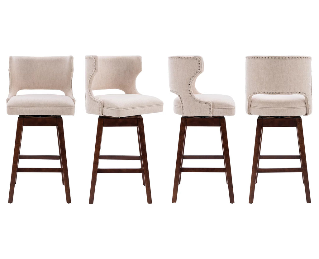 30" Beige Linen Upholstered Swivel Bar Stool Set of 2 with Wooden Legs S427705