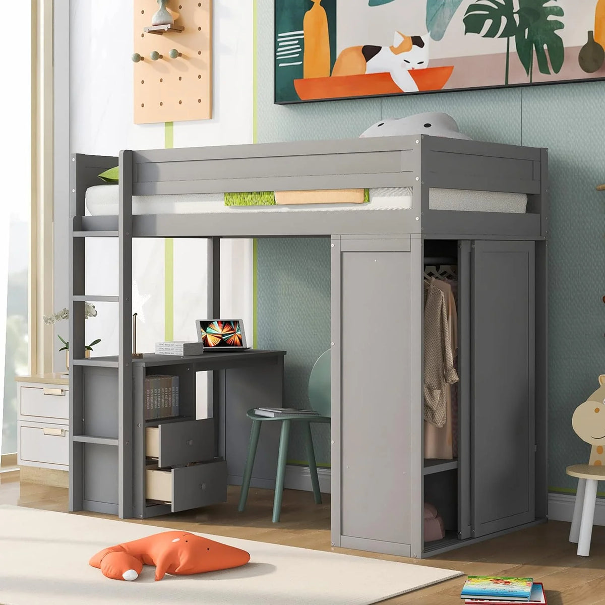 Wood Loft Bed Frame with Storage Drawers and Ladder S4225