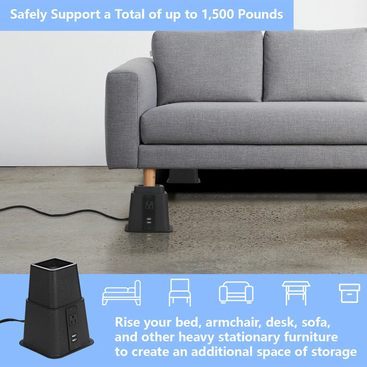 Black Adjustable Bed Riser with Power Outlet and USB Ports Set of 4 P69209